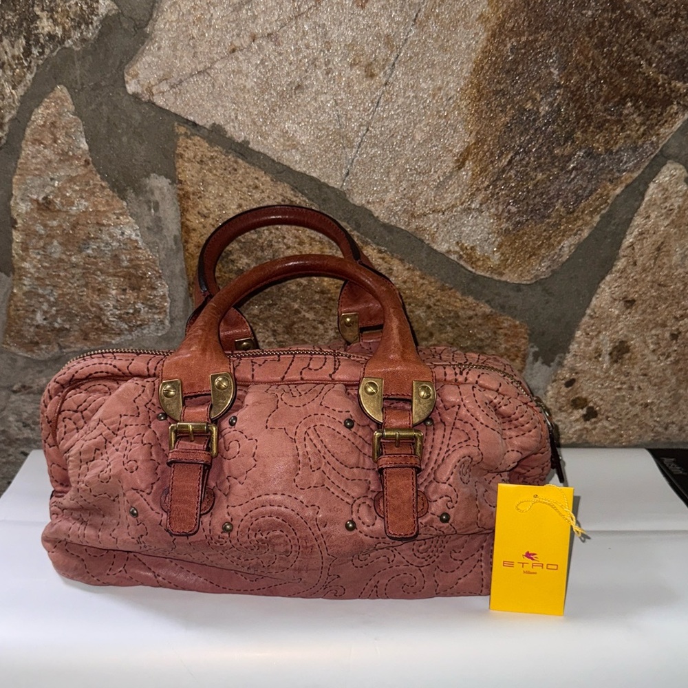 Etro Coral and Tan Embroidered Satchel - Picture 5 of 14
